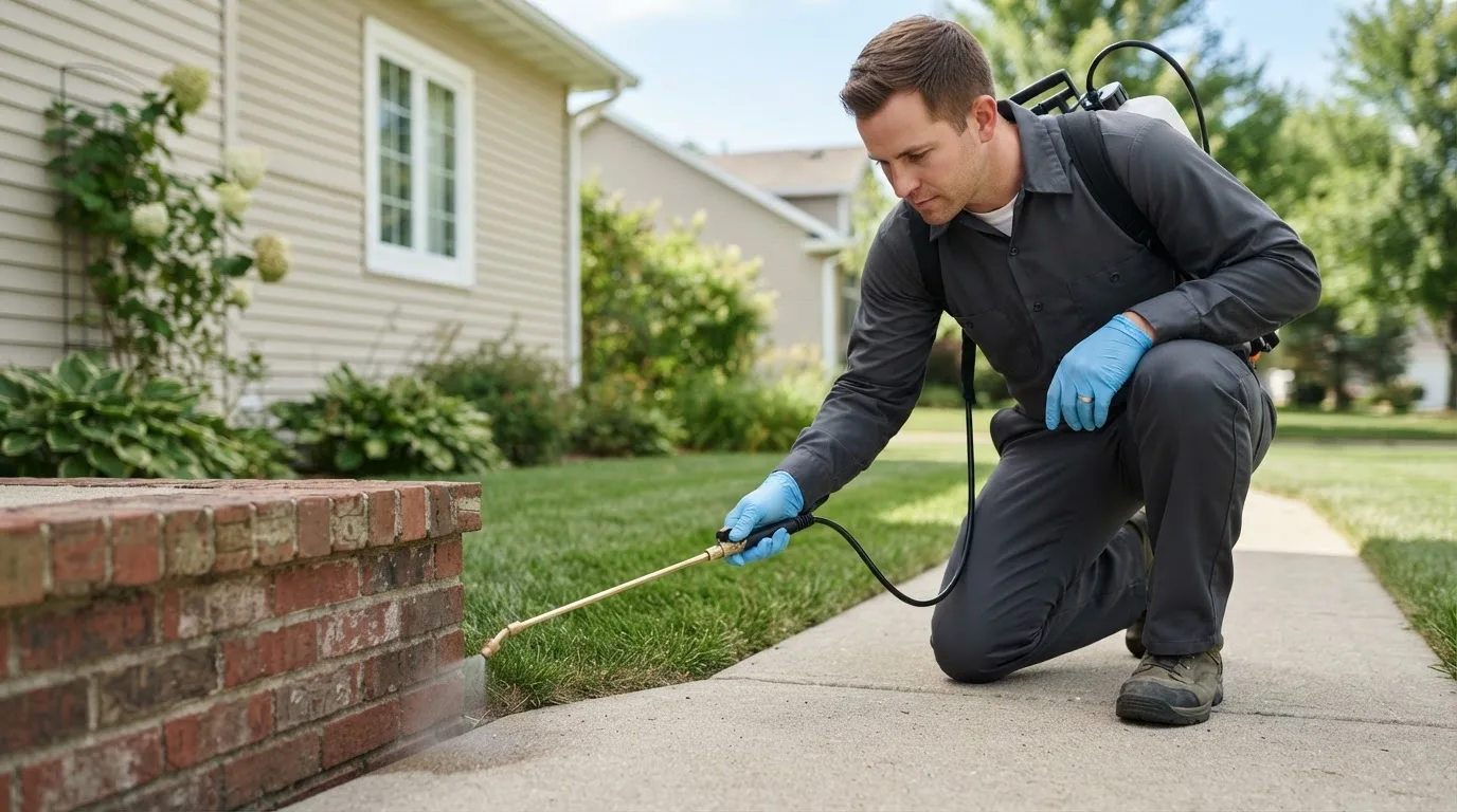 Pest control technician treating a home near Randolph, UT